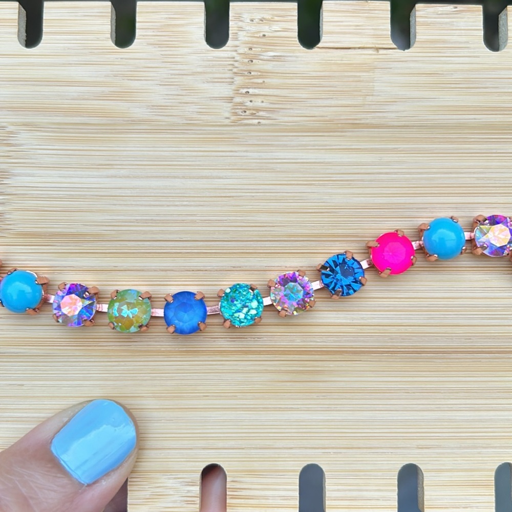 Sapphire Aurora Borealis + Fuchsia Hot Pink “Lillie” Crystal Tennis Bracelet - Picture 7 of 14